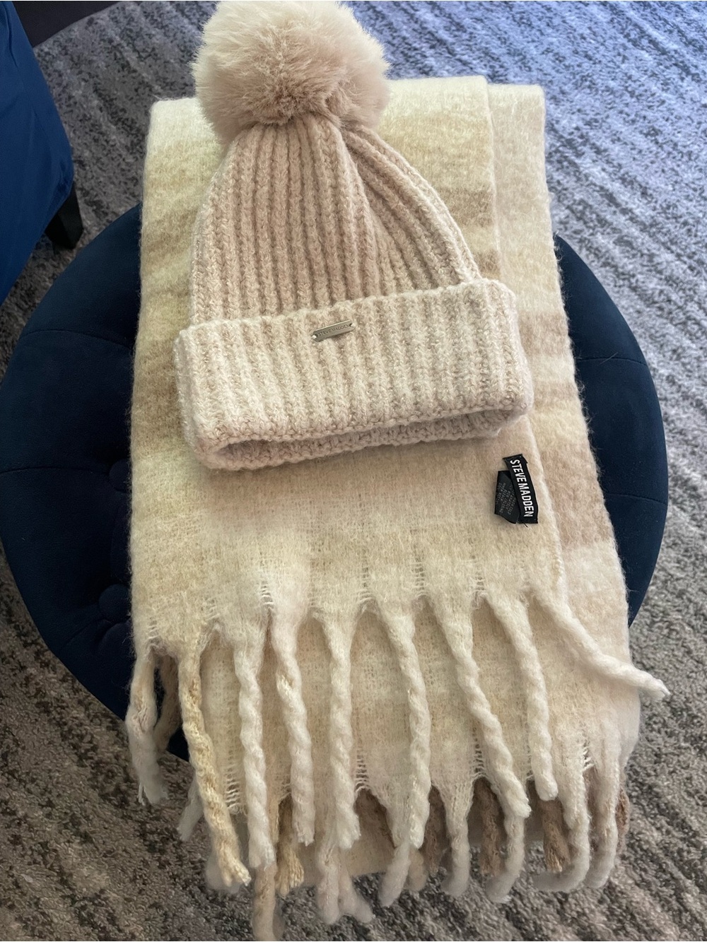 Steve Madden Beige Cream Ribbed Pom Beanie with Fringe Scarf